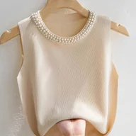 Swetry damskie - TEMU Damski elegancki bezrękawnik bez rękawów z perłami - jednokolorowy pulower z okrągłym dekoltem na wiosnę/leto/jesień, stylowy element do - miniaturka - grafika 1
