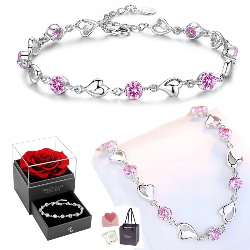 Bransoletka Srebrna z Cyrkoniami Serce Pełne Różowa Damska REGULOWANA