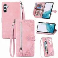 Portfele - Dla Samsung Galaxy A56 5G Etui Zipper Portfel Kwiatowy Nadruk PU Skórzany pokrowiec na telefon z paskiem - różowy Wielobarwny Pink - miniaturka - grafika 1