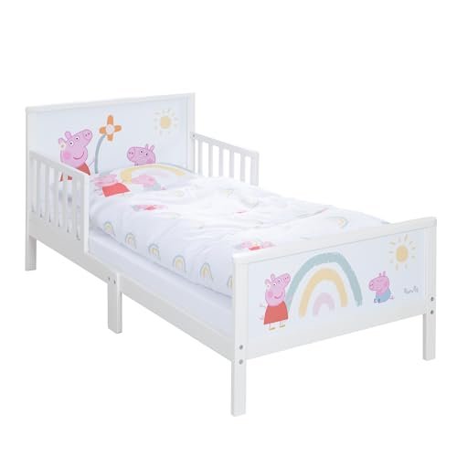 roba Łóżko Dziecięce Świnka Peppa 70 x 140 cm z Pościelą i Stelażem, Łóżko dla Małych Dzieci i Tematyczne Łóżko Montessori z Drewna, Motyw z Serialu Animowanego, Biały, Różowy