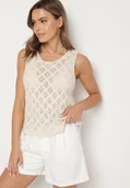 Bluzki damskie - Beżowa Bluzka z Ażurowym Wzorem i Perełkami Halurea - miniaturka - grafika 1