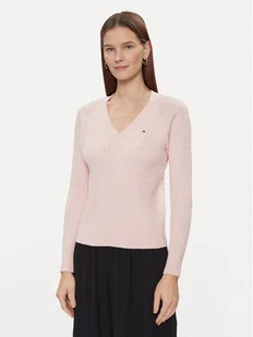 Tommy Hilfiger Sweter Co Cable V-Nk Sweater WW0WW40674 Różowy Regular Fit - Swetry damskie - miniaturka - grafika 1