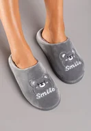 Kapcie damskie - Szare Kapcie Welurowe z Ozdobną Naszywką i Futerkiem Naorita - miniaturka - grafika 1