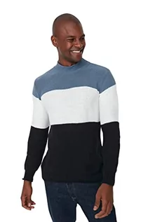 Bluzy męskie - Trendyol Męska bluza rozpinana z kołnierzykiem Colorblock Slim Sweater, Indigo, M, Indygo, M - grafika 1