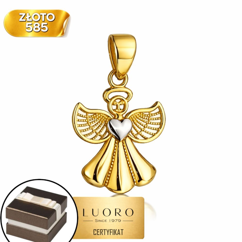 ZAWIESZKA ZŁOTA 585 14K ANIOŁEK Z SERDUSZKIEM DWUKOLOROWA 20 MM ELEGANCKA