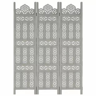 Parawan 3-panelowy, rzeźbiony, szary, 120x165 cm, drewno mango kod: V-285321 + Sprawdź na SuperWnetrze.pl - Parawany - miniaturka - grafika 1