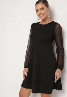 Czarna Rozkloszowana Sukienka z Przezroczystymi Rękawami Ilirya - Sukienki - miniaturka - grafika 1