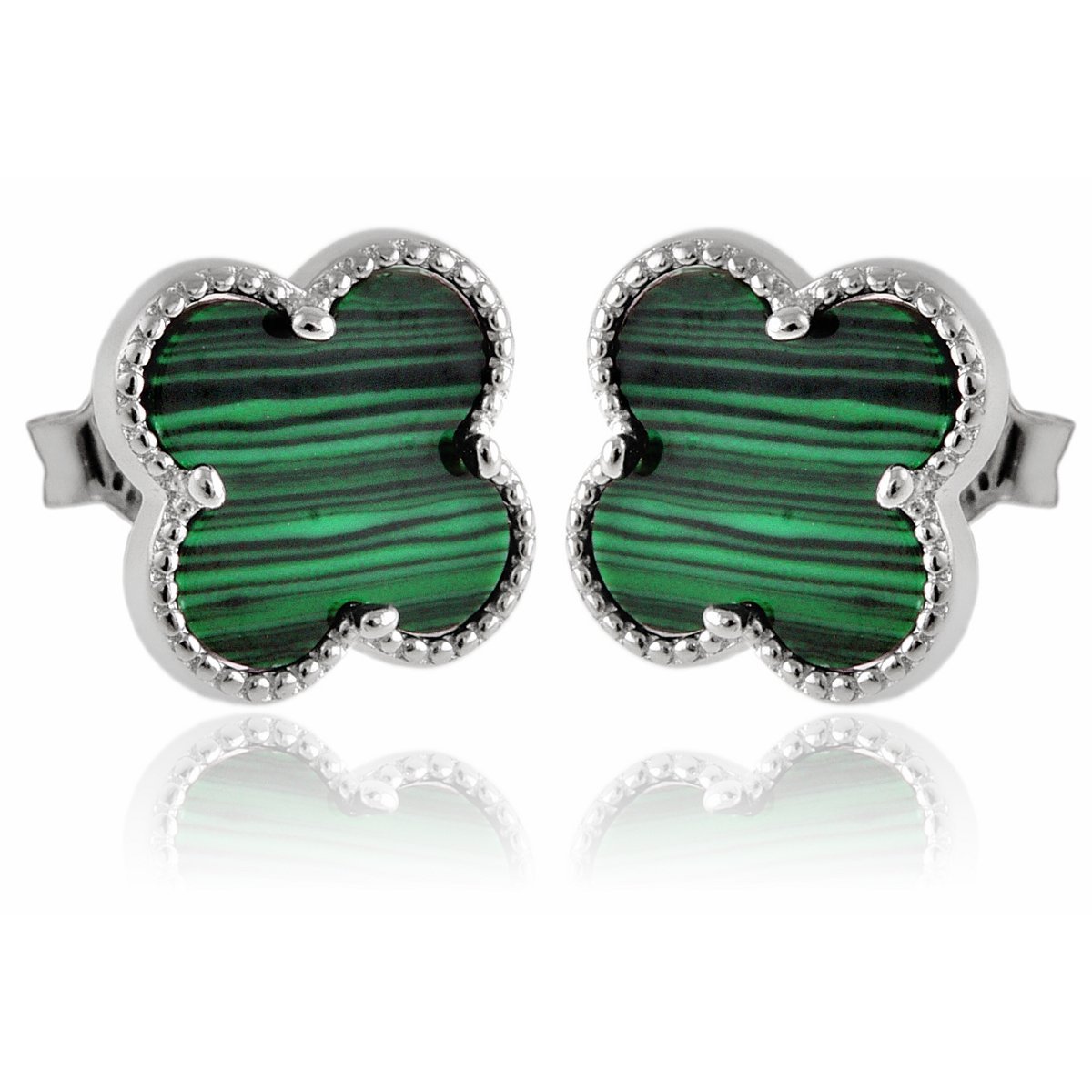 Kolczyki srebrne 925 koniczynki sztyft Dekoracyjna oprawa z malachitem 1,6g