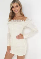 Sukienki - Jasnobeżowa Sukienka Mini z Marszczonej Tkaniny z Hiszpańskim Dekoltem Kaarlo - miniaturka - grafika 1