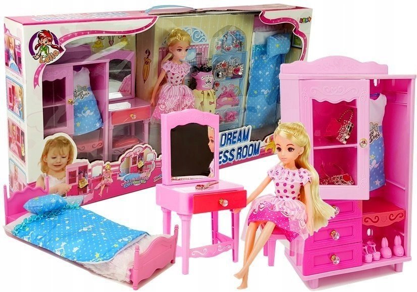 Lalka Meble Zestaw Łóżko Szafa Toaletka Lean Toys