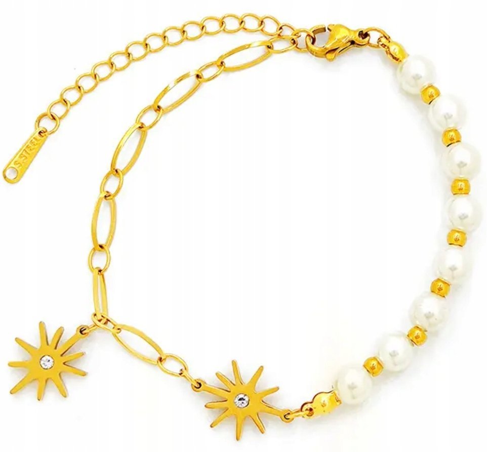 Złota Bransoletka z Perłami Cyrkonie Słońce Gwiazdy Stal Szlachetna