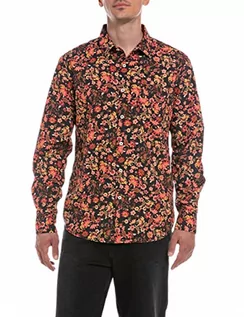 Koszule męskie - Replay Męska koszula M4049A, 010 czarna z czerwonymi nadrukami kwiatów, XL, 010 Black With Red Print Flowers, XL - grafika 1