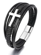 Bransoletki - Skórzana bransoleta plecionka z srebrnym krzyżem 23cm - miniaturka - grafika 1