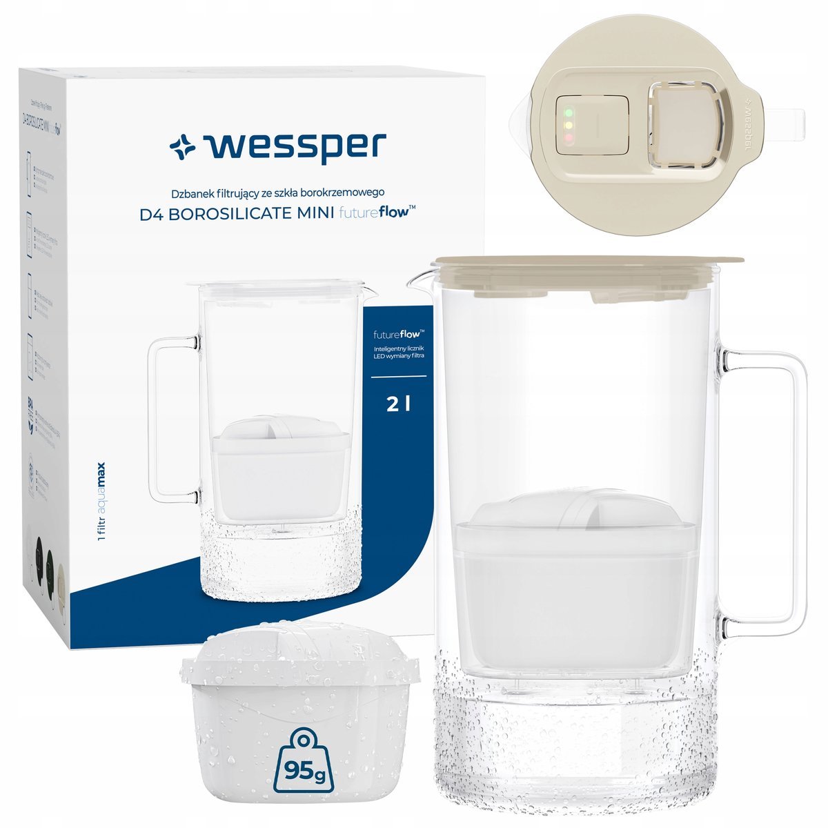 Szklany dzbanek filtrujący Wessper D4 BOROSILICATE MINI 2l + 2x filtr