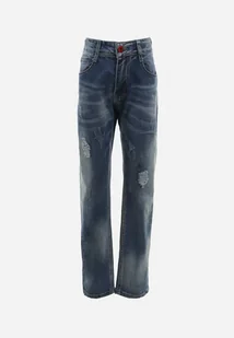 Granatowe Jeansy z Przetarciami i Materiałowym Paskiem Ainore - Moda i Uroda OUTLET - miniaturka - grafika 1