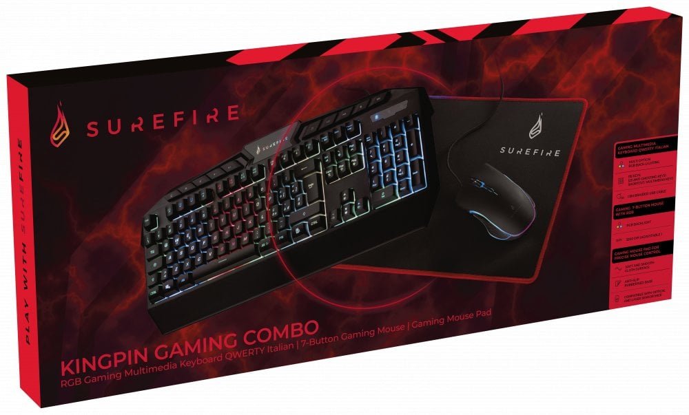 Surefire KingPin Gaming Combo Set Keyboard QWERTY Italian, 7-Button RGB Mouse & Mouse Pad