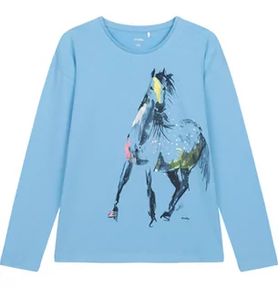 Bluzki dla dziewczynek - T-shirt z długim rękawem dla dziewczynki, z koniem, błękitny 9-13 lat - grafika 1