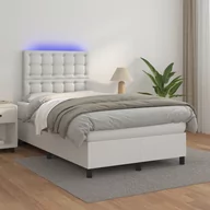 Łóżka - Lumarko Łóżko kontynentalne z materacem i LED, biała ekoskóra 120x200cm - miniaturka - grafika 1