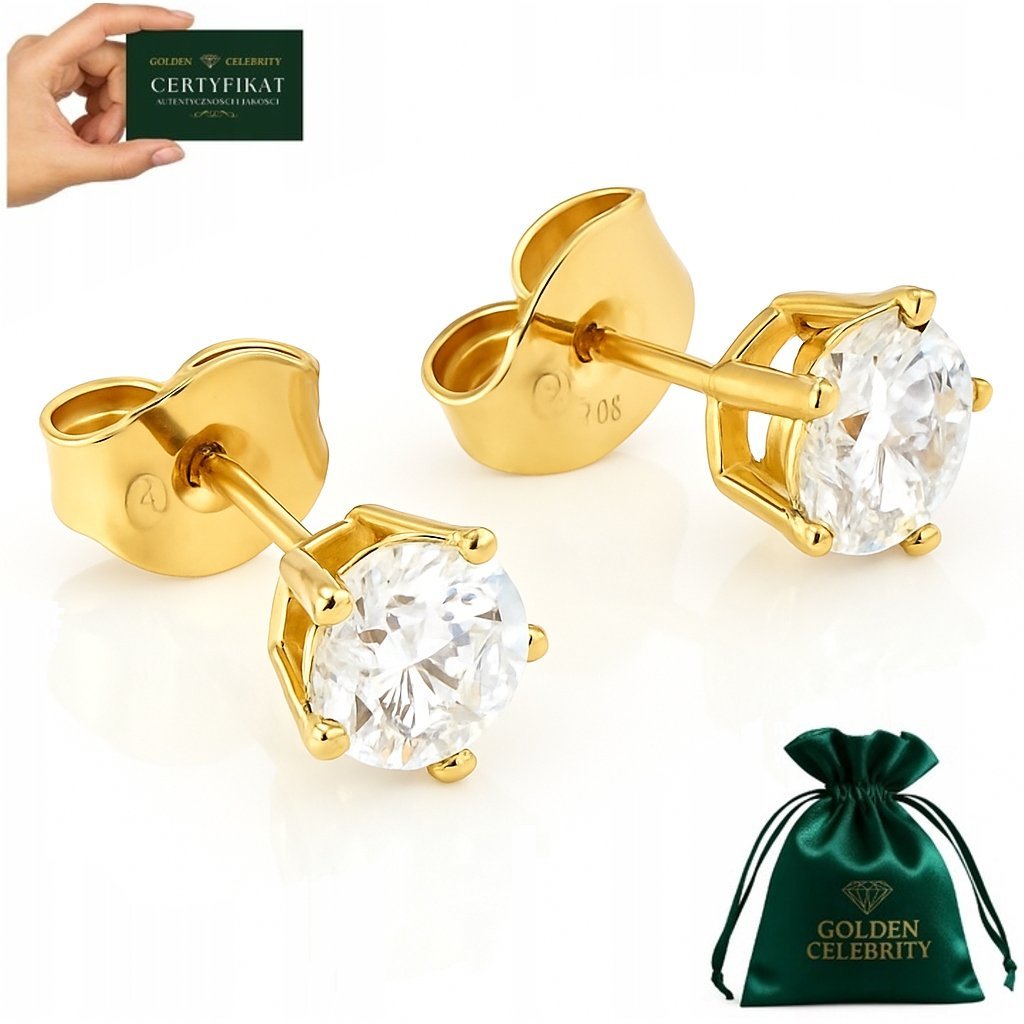 ZŁOTE KOLCZYKI WKRĘTKI SZTYFT BRYLANCIK 6MM STAL CHIRURGICZNA POZŁACANE 18K