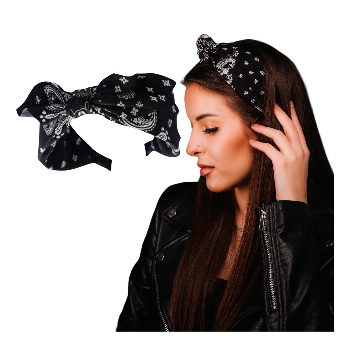 Opaska do Włosów Czarna z Kokardą na Głowę Szeroka w Biały Wzór Paisley