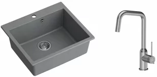 Quadron Zlewozmywak granitowy jednokomorowy 57*50*22 cm MORGAN 110 SILVER STONE ze stalowym odpływem z baterią NATALIE Q LINE kolor stal szczotkowana - Zlewozmywaki z baterią - miniaturka - grafika 1