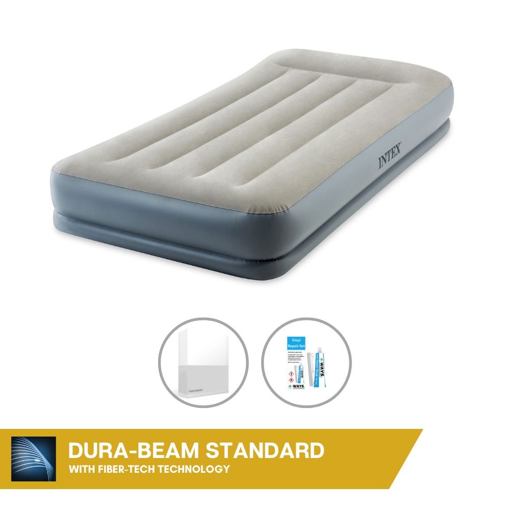 Dmuchane łóżko Intex - 1 osoba - 99 x 191 x 30 cm - Szare - Z wbudowaną pompką + prześcieradło białe + zestaw naprawczy