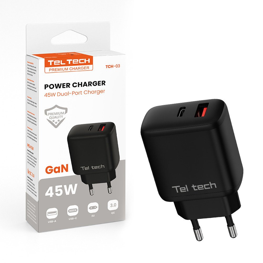Teltech ładowarka sieciowa GaN USB / Typ-C 45W Czarny TCH-03