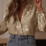 Koszule damskie - TEMU Damska koszula z długim rękawem, zapinana na guziki, z kwiatowym haftem Falbanka przy kołnierzyku i mankietach, idealna na różne okazje - miniaturka - grafika 1