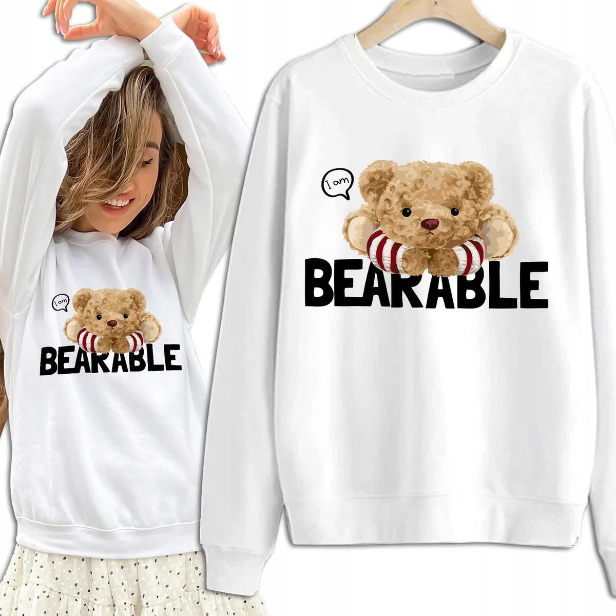 Bluza Damska Biała Dresowa I AM BEARABLE Kobiece Dziewczęce Piękne Wz - S