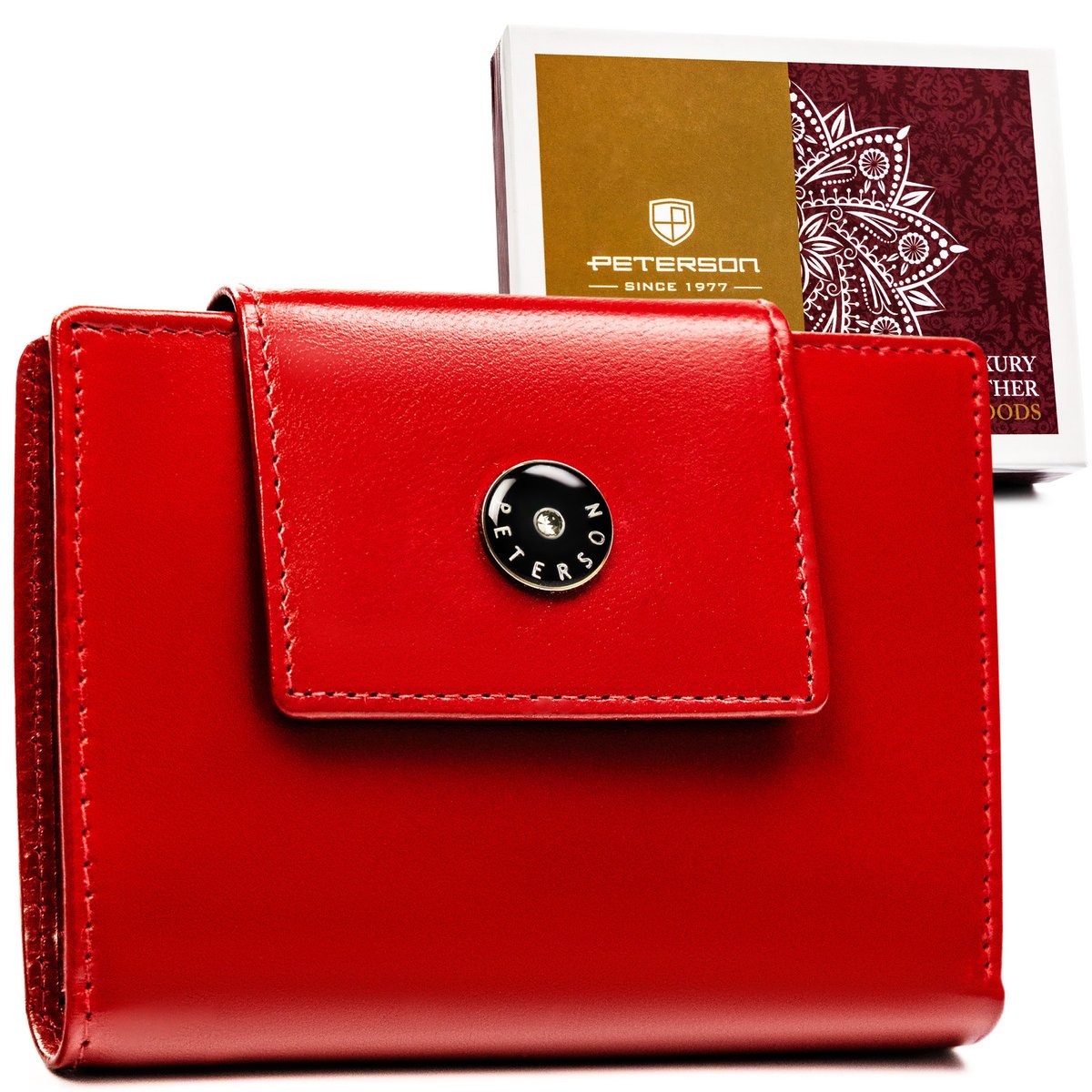 Mały portfel damski PETERSON skórzany ochrona RFID rozbudowany na karty elegancki na prezent czerwony
