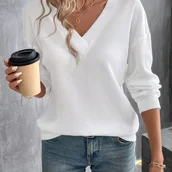 Bluzki damskie - TEMU Koszulka Damska z Dekoltem w Serek - Elegancka, Luźna i Wygodna Bluzka na Jesień/Zimę, Jednokolorowa, Pranie Maszynowe, Minimalistyczny Styl, - miniaturka - grafika 1