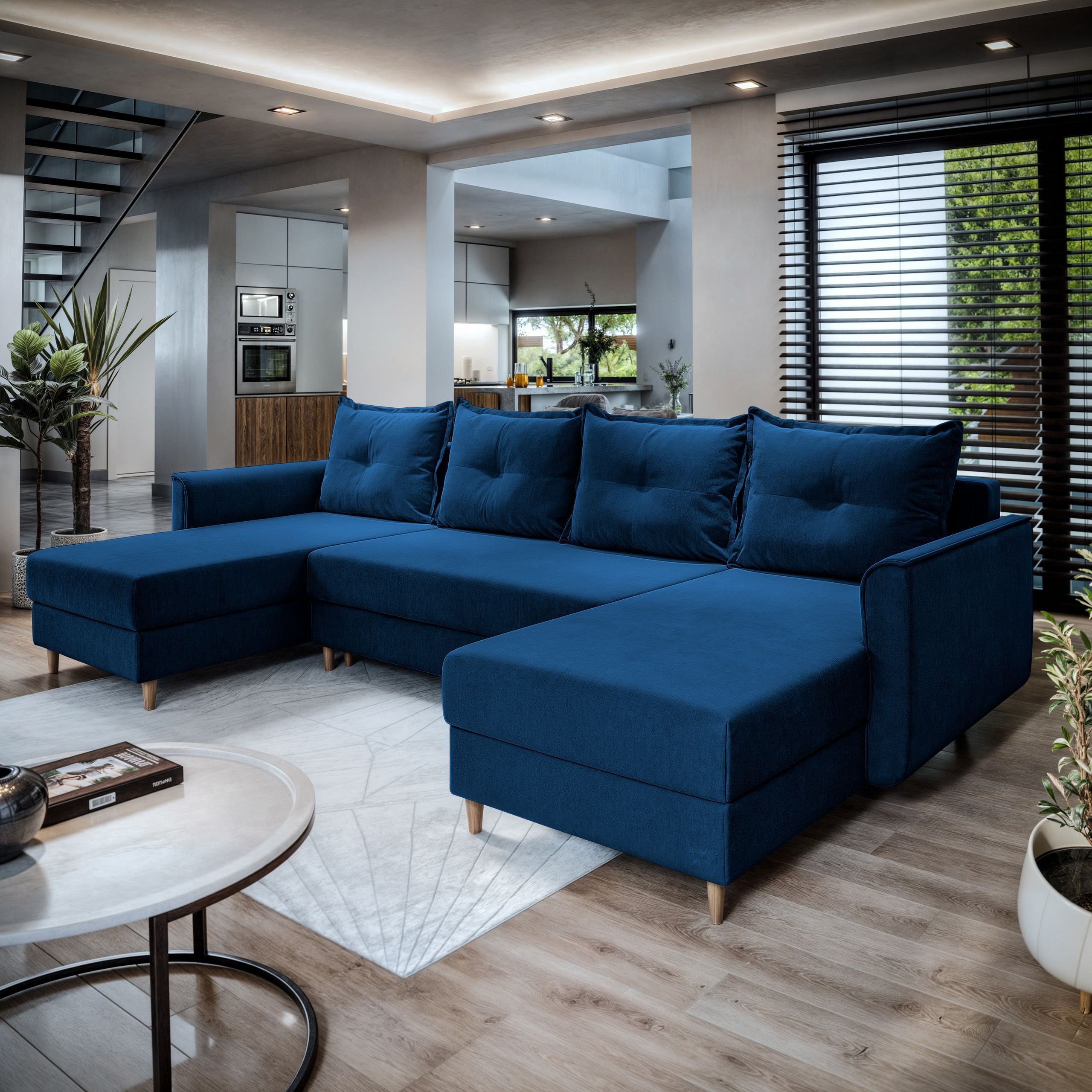 Masseno Narożnik VERNI z funkcją spania i pojemnikiem na pościel Kształt U, Rozkładana sofa, Rogówka - Niebieski, KRONOS 09