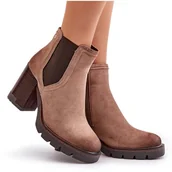 Botki damskie - Ocieplane Botki Damskie Na Słupku Z Eko Zamszu Vinceza 58356 Beżowe beżowy - miniaturka - grafika 1