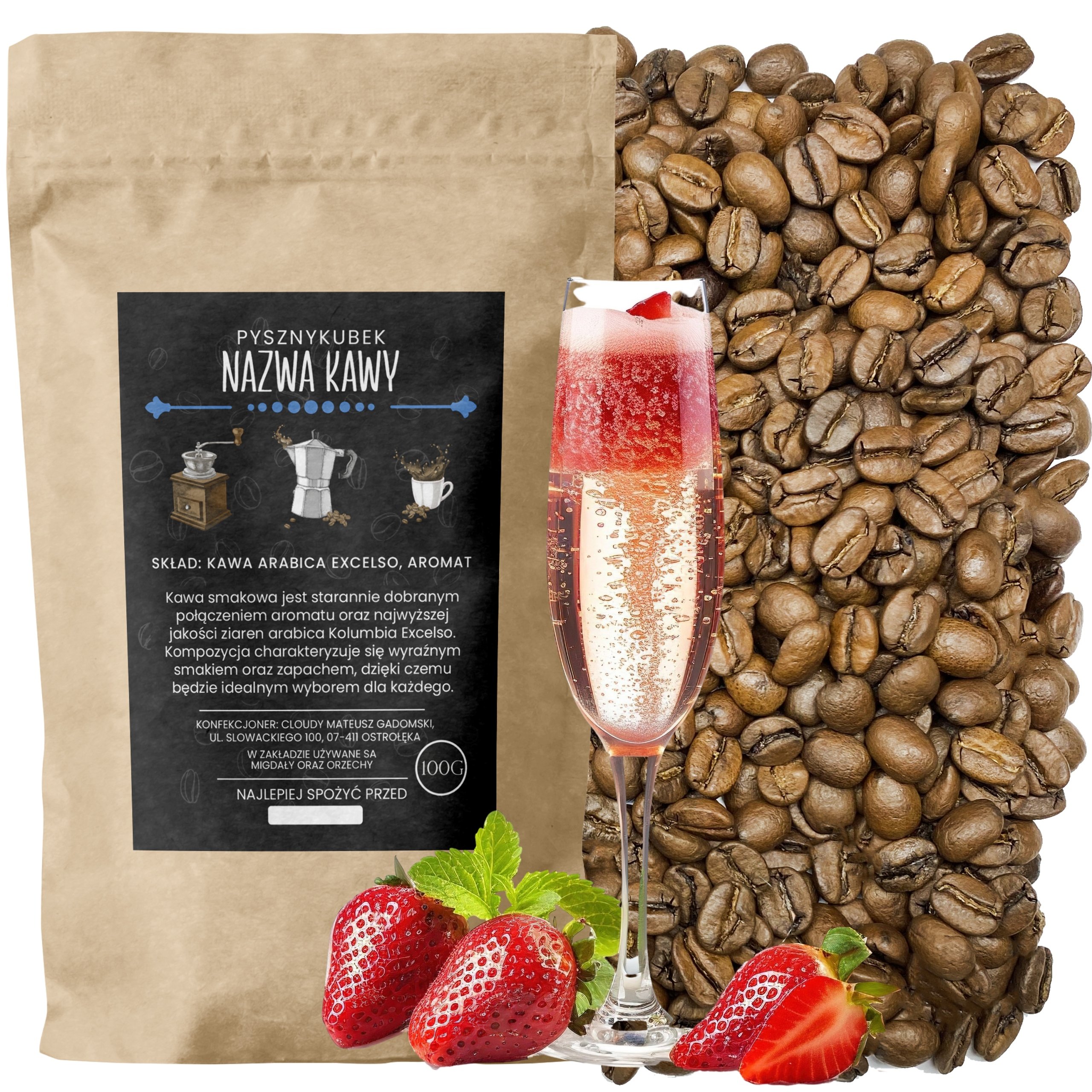 Kawa smakowa Truskawki W Szampanie 1000G 1KG ziarnista arabica