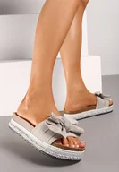 Klapki i japonki damskie - Szare Płaskie Klapki w Stylu Boho Ozdobione Kokardą Fieanna - miniaturka - grafika 1