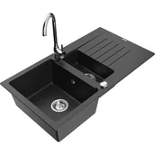 Zlewozmywaki z baterią - Mexen Matias zlewozmywak granitowy 1,5-komorowy z ociekaczem i baterią kuchenną Telma, czarny/srebrny - miniaturka - grafika 1