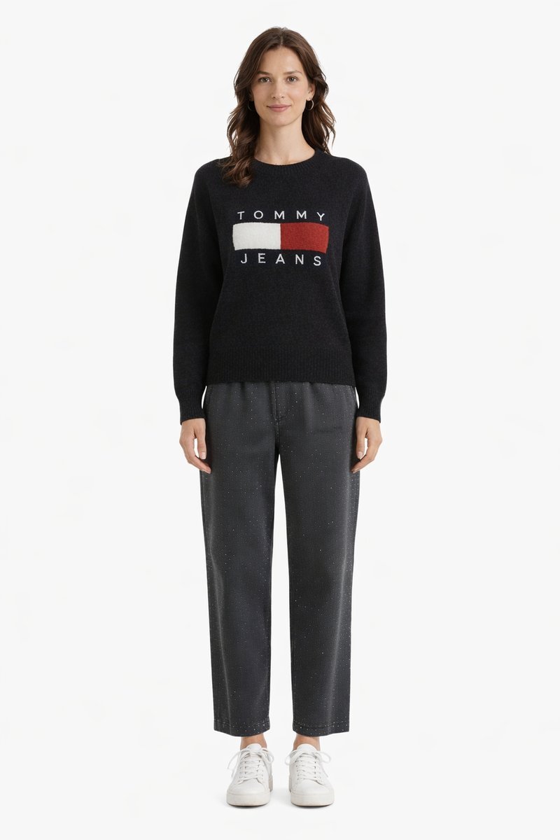 TOMMY JEANS GŁADKI SWETER DAMSKI Z LOGO WYKOŃCZENIEM XS I3A