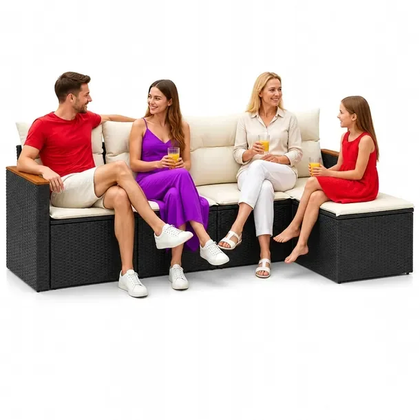 Zestaw mebli ogrodowych modułowych czarny rattan PE z poduszkami 55x62x69