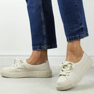 Półbuty damskie - Beżowe ażurowe skórzane półbuty damskie Sergio Leone sp017 - miniaturka - grafika 1