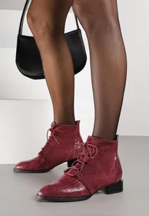 Bordowe Sznurowane Botki Vices do Kostki z Wężowym Tłoczeniem Wodvira - Botki damskie - miniaturka - grafika 1