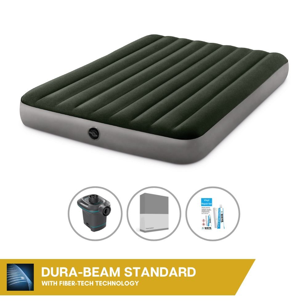 Dmuchane łóżko Intex - 2 osoby - 152 x 203 x 25 cm - zielone + elektryczna pompka Intex - 650 litrów/min + prześcieradło antracytowe + zestaw naprawczy