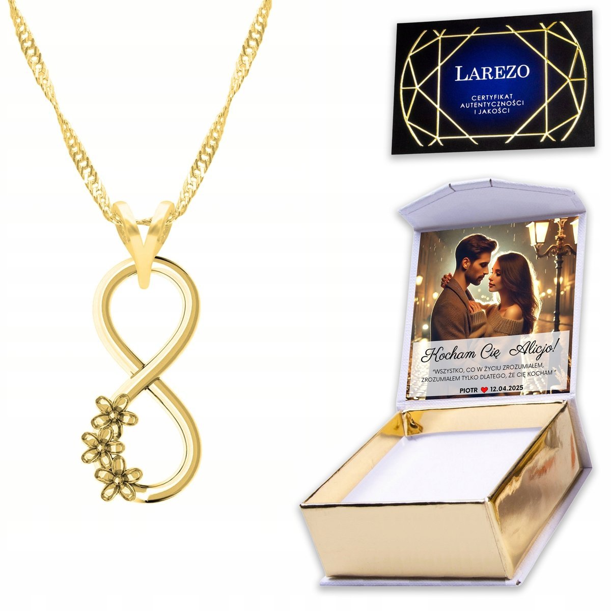 Złoty Naszyjnik 925 z Nieskończonością Infinity Znak Nieskończoność NADRUK