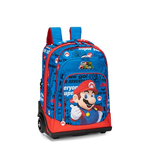 SUPERMARIO - Regulowany plecak na kółkach z uchwytem i paskiem na ramię, zamek błyskawiczny i kieszeń z przodu Zip - plecak szkolny cm 36x23X47H, niebieski, Taglia unica, Casual