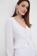 Bluzki damskie - Guess bluzka z domieszką lnu FEDERICA kolor biały gładka W4GH88 WG7B0 - miniaturka - grafika 1