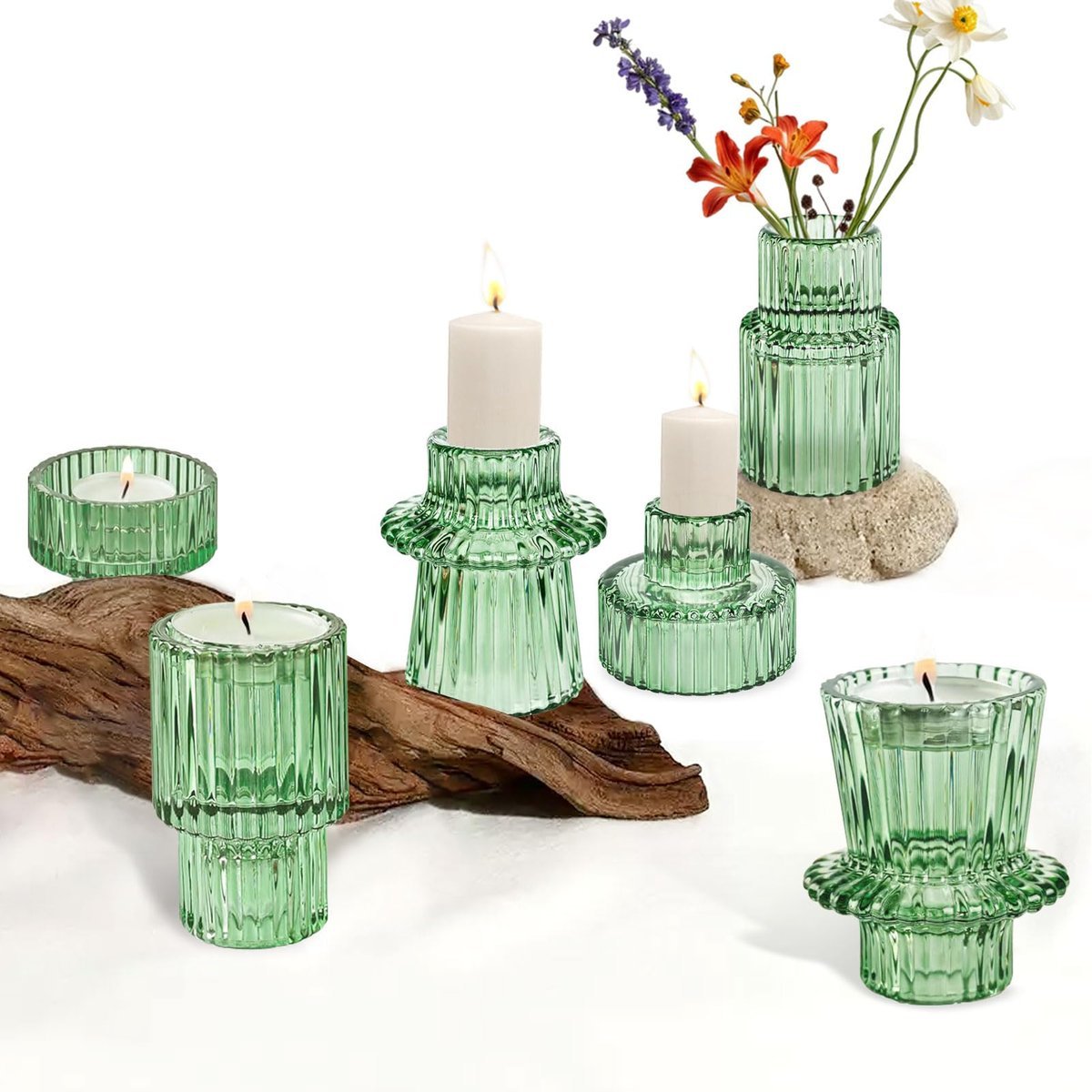 Zestaw 3 Szklanych Świeczników Zielonych w Stylu Boho Tealight Dwustronne