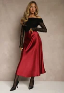 Spódnice - Bordowa Satynowa Midi Spódnica Rozkloszowana z Gumką w Pasie i Suwakiem Leose - miniaturka - grafika 1