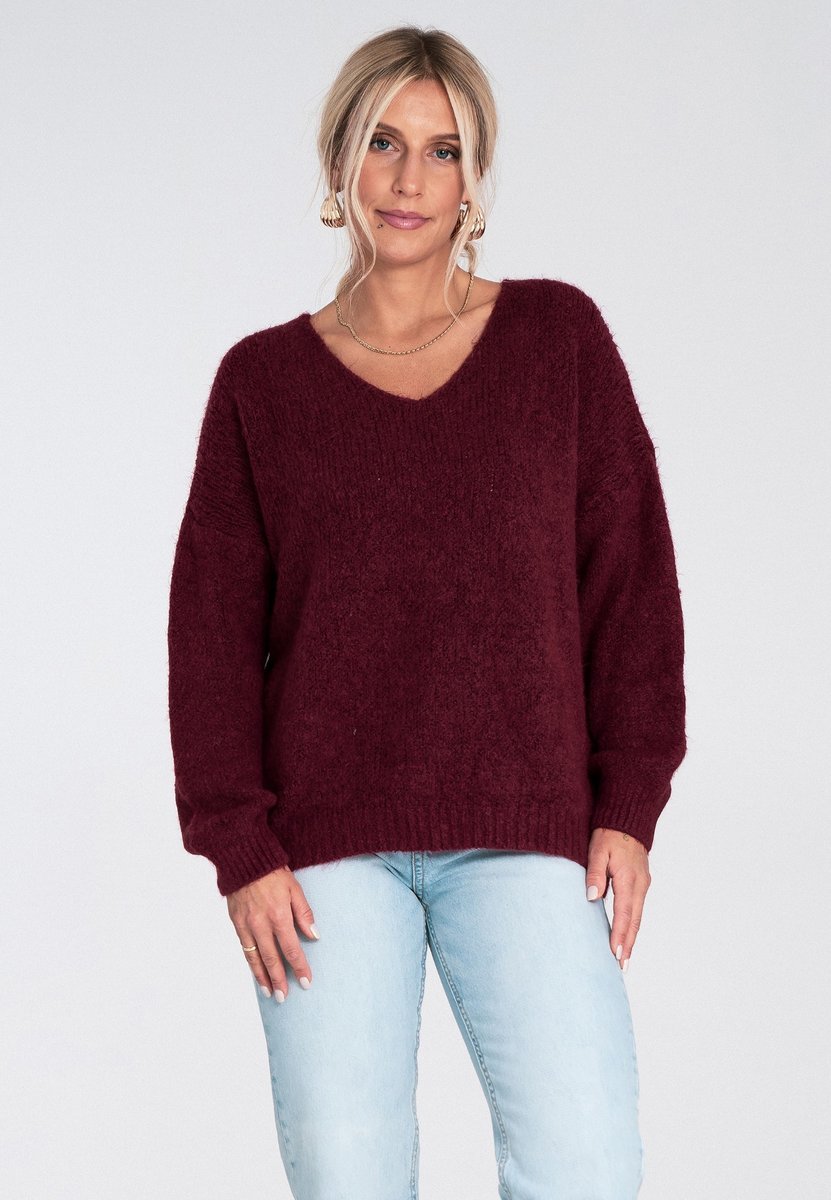 Damski luźny sweter oversize z dekoltem V w serek z miękkiej dzianiny akrylowej bordowy - M1236, bordowy, S