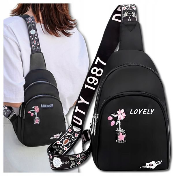 Plecak torebka Damska Saszetka na ramię czarna w kwiaty torba boho miejska