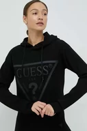 Bluzy damskie - Guess bluza damska kolor czarny z kapturem z nadrukiem - miniaturka - grafika 1