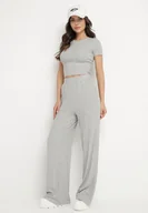 Komplety damskie - Szary Bawełniany Komplet Dopasowany T-shirt i Szerokie Spodnie Neliava - miniaturka - grafika 1